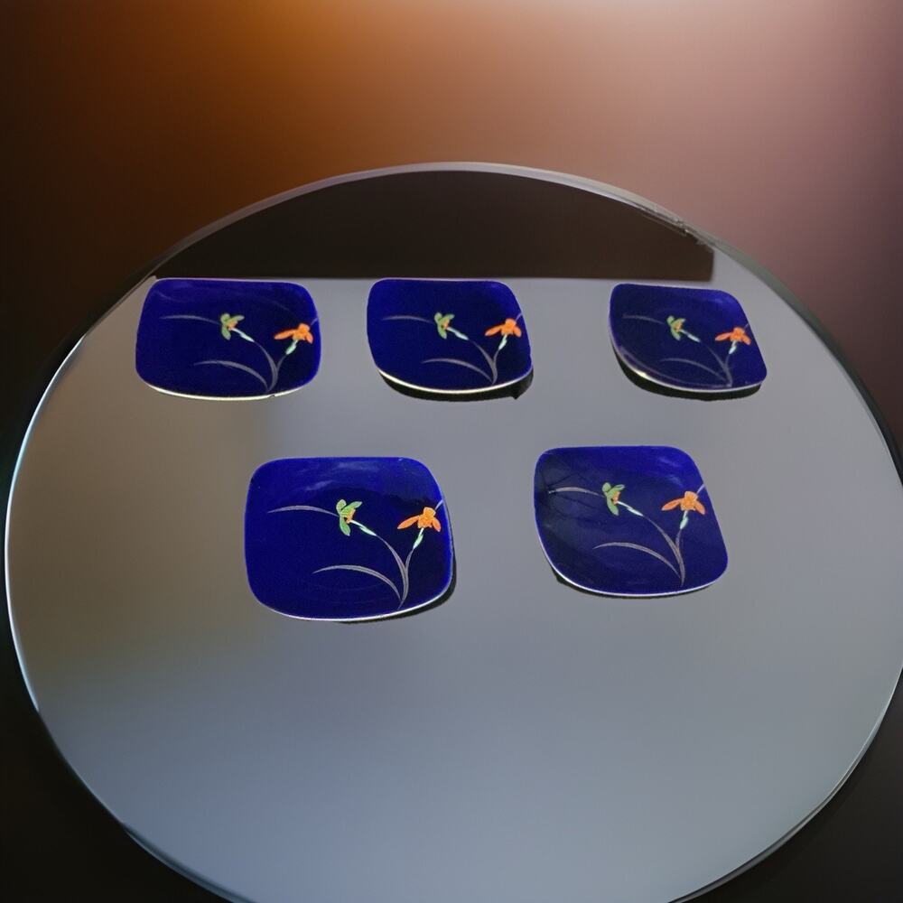 Vtg Koransha Arita Japan Cobalt Blue Hummingbird Flower Square Plates Set Of 5